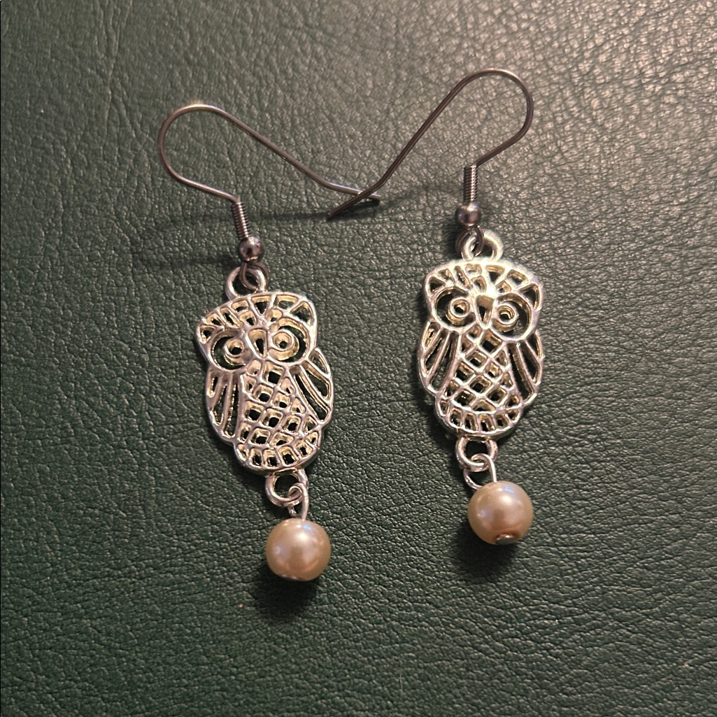 Elegant Silver Owl Earrings With Pearl Accent